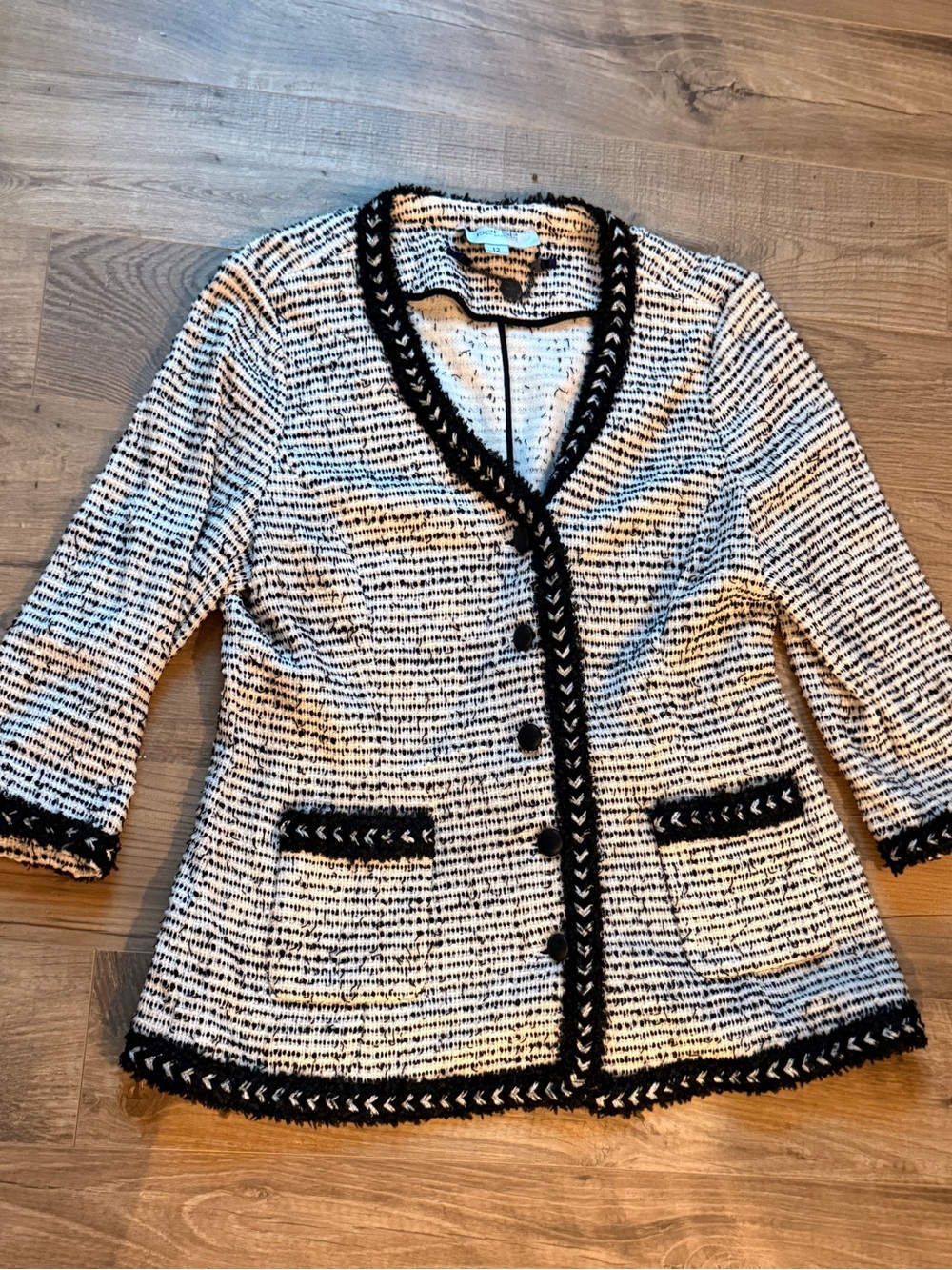 Per Se Cream and Black Knit Blazer with Contrast Trim